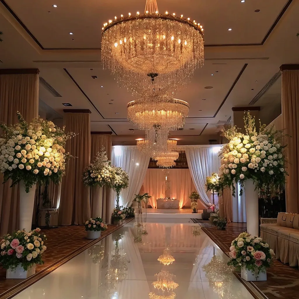 A beautifully decorated event space with elegant lighting